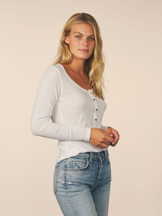 women’s cotton cashmere long sleeve henley - white