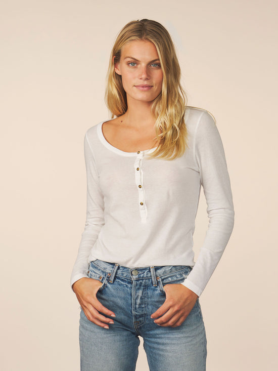women’s cotton cashmere long sleeve henley - white